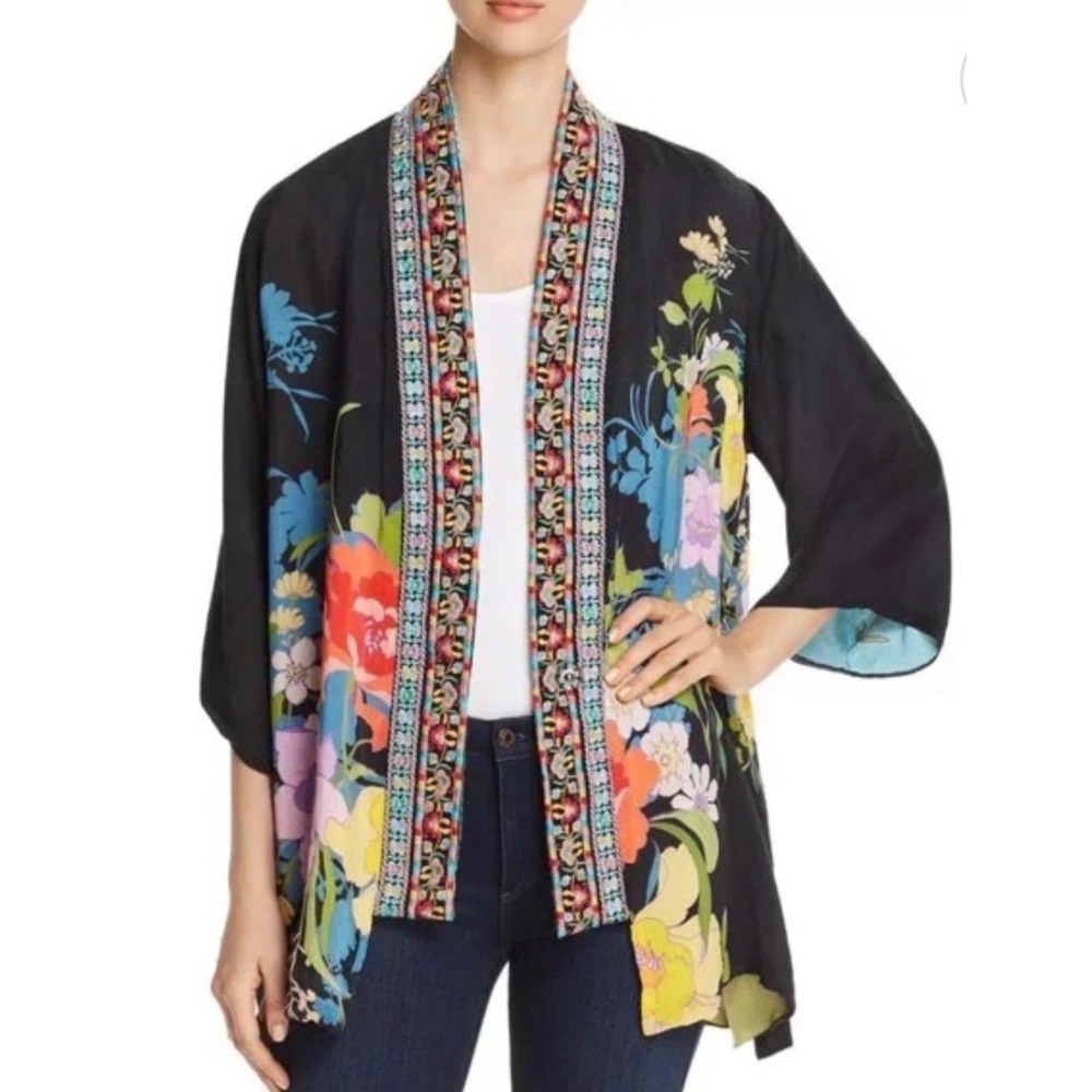 Johnny Was Floral Kimono Cardigan Black Cupra Rayon Embroidered Plus 1X